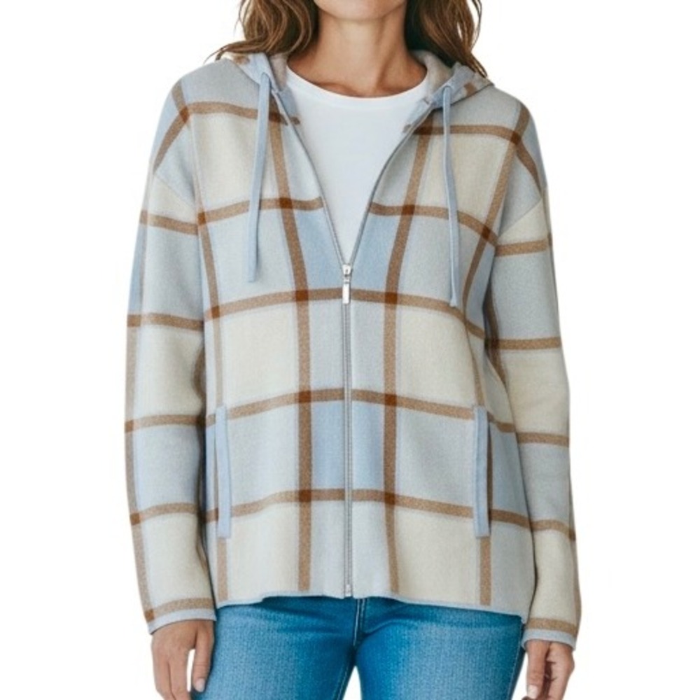 Cynthia Rowley Women's XS Plaid Full Zip Hooded Sweater Light blue Tan Cozy